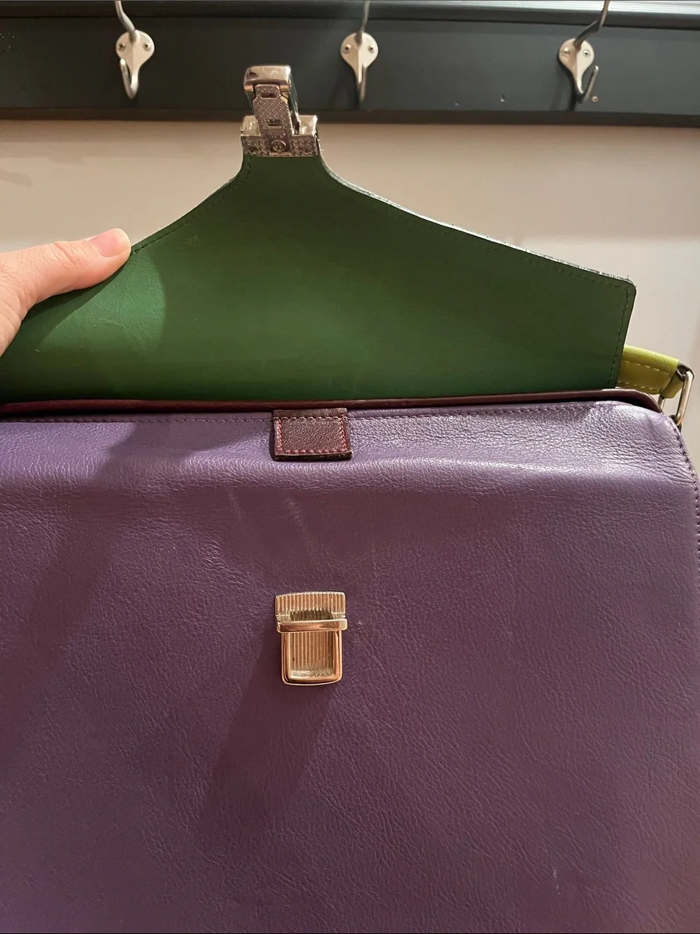 Hester Van Eeghen Purple and Green Accordion Design Handbag Purse Backpack